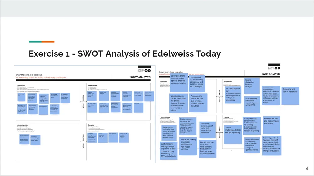Edelweiss workshop working board — SWOT synthesis