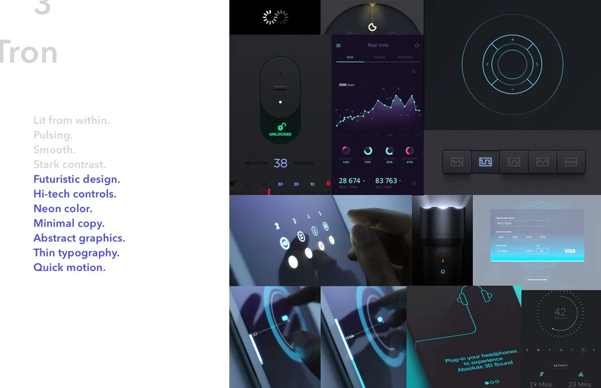 Moodboard — Tron: future-tech, light-driven visual references