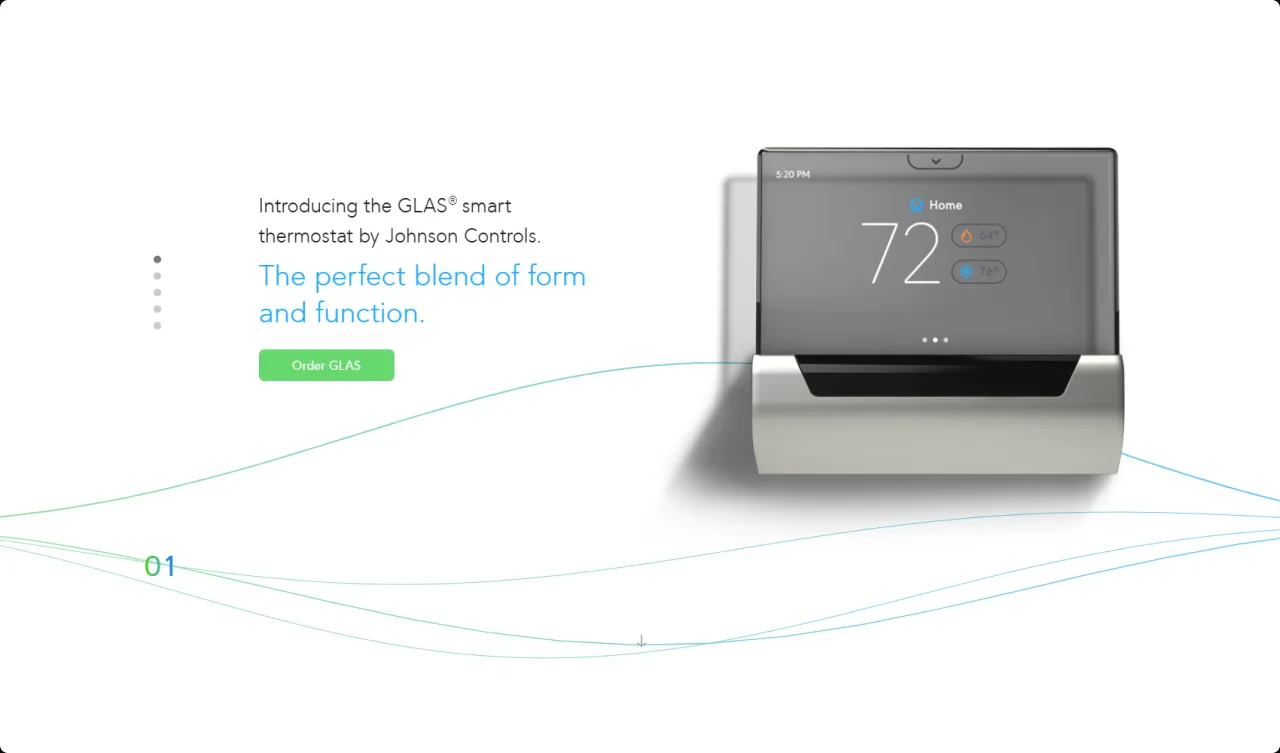 GLAS launch banner on white: the smart thermostat displaying 72°, beside the headline The perfect blend of form and function
